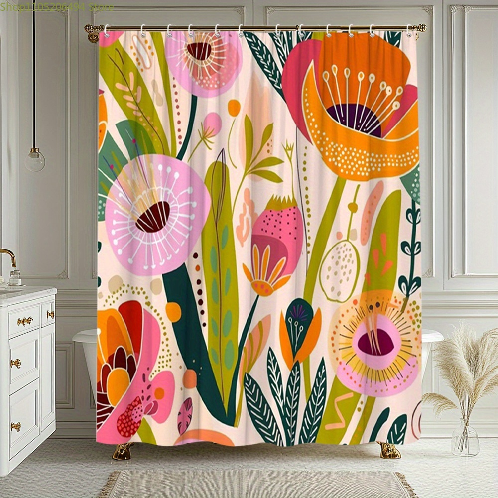 Home Bathroom Ideas - ستارة حمام بنمط زهور نابض بالحياة،