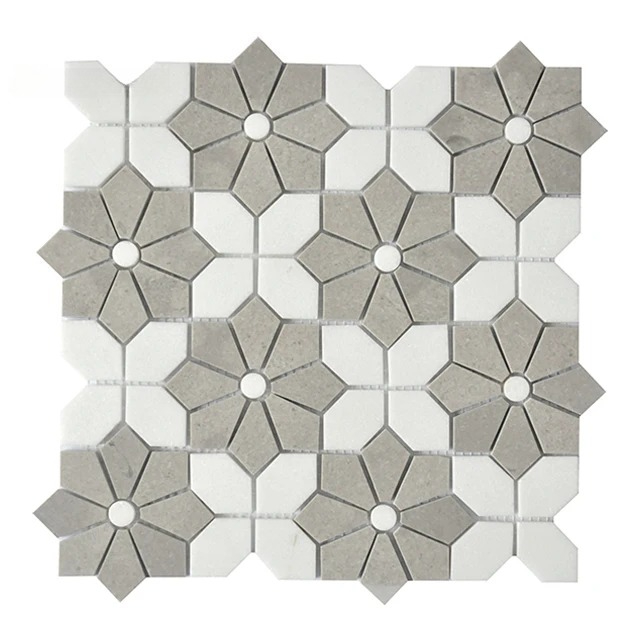 Home Bathroom Tiles Design - بلاط رخام فسيفسائي أبيض مختلط بتصميم
