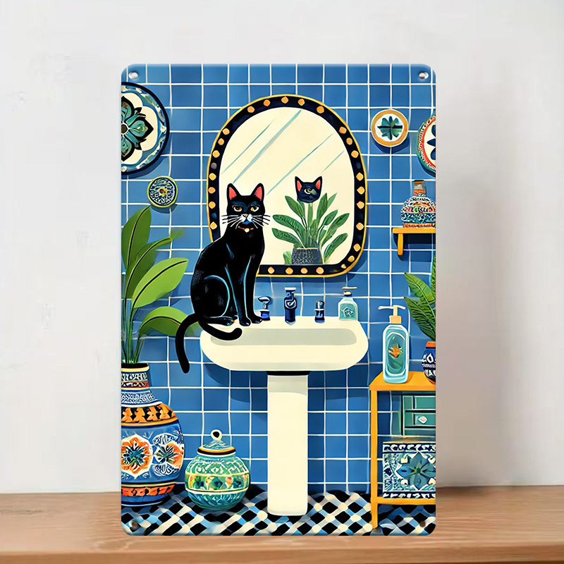 Home Bathroom Tiles Design - لافتة معدنية بتصميم قطة سوداء عتيقة